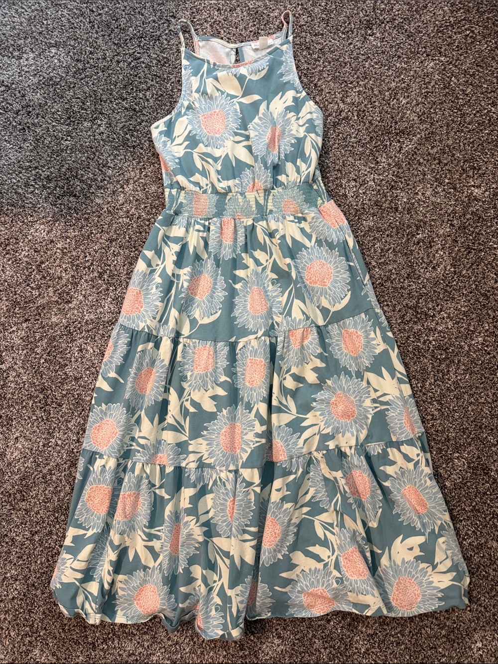 Market & Spruce Teal Floral Tiered Midi Dress with Peach Blooms